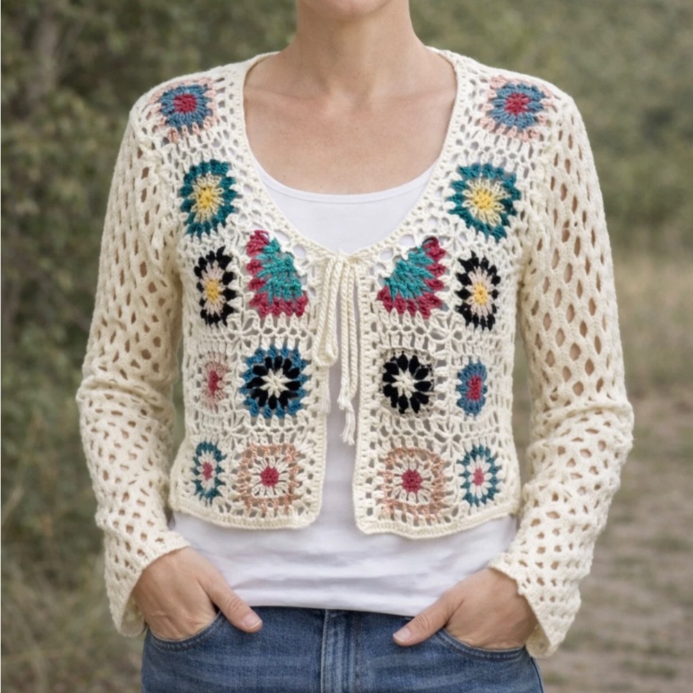 Debut Cream Crochet V-Neck Cardigan with Multicolor Floral Motifs Size XS